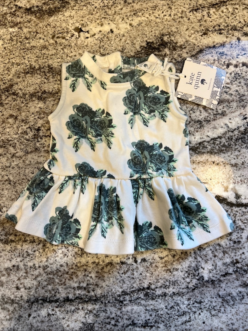 Kate Quinn Cream Tank Top with Teal Floral Print Button Back 3-6 months